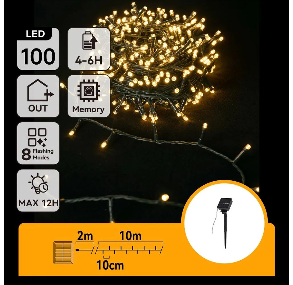 Aigostar - Catena di Natale solare a LED 100xLED/8 funzioni 12m IP65 bianco caldo