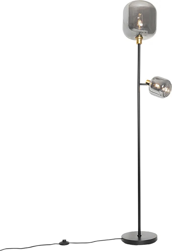Lampada da terra nera con oro e vetro fumé 2 luci - Zuzanna
