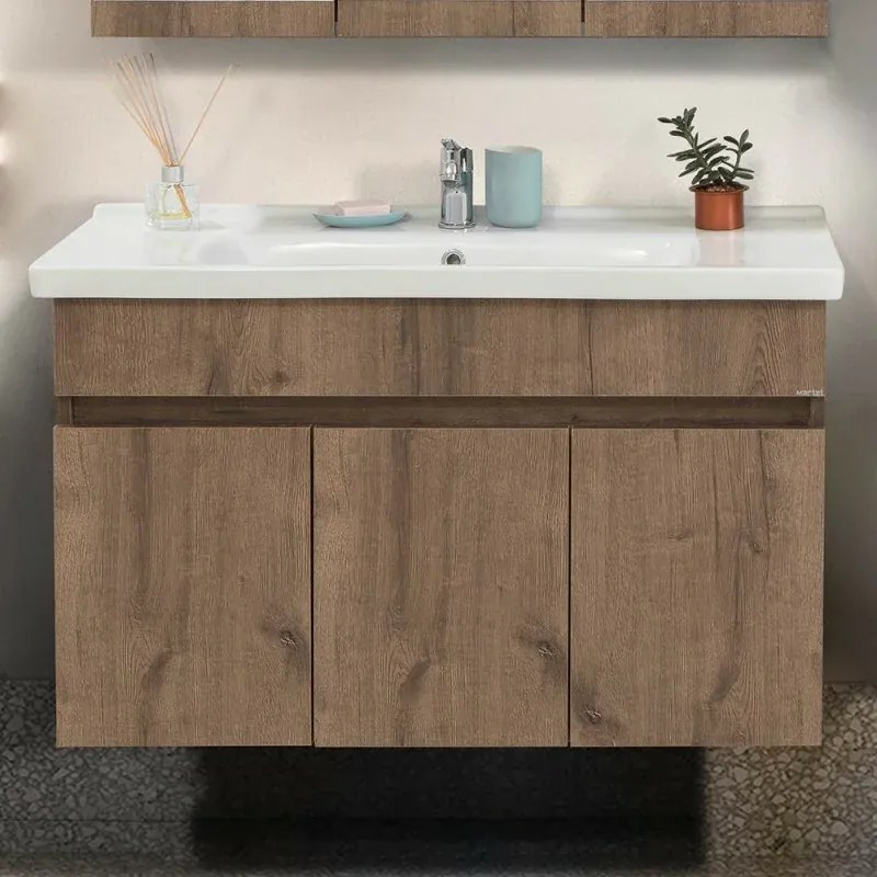 Mobile bagno sospeso 100 cm rovere scuro con specchio contenitore Mona