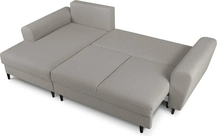 Divano angolare grigio chiaro allungabile e con contenitore (con penisola a sinistra/con chaise lounge) con rivestimento in bouclé Kyoto – Cosmopolitan Design