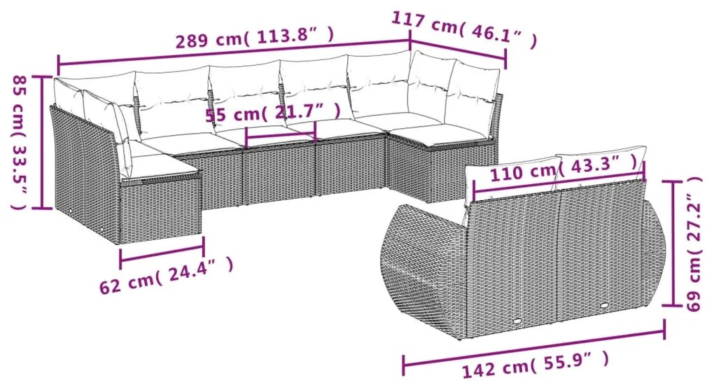 Set divano da giardino 9 pz con cuscini beige in polyrattan