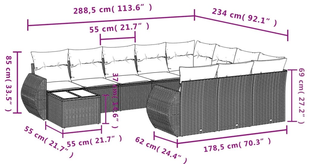 Set divani da giardino 11 pz con cuscini beige in polyrattan