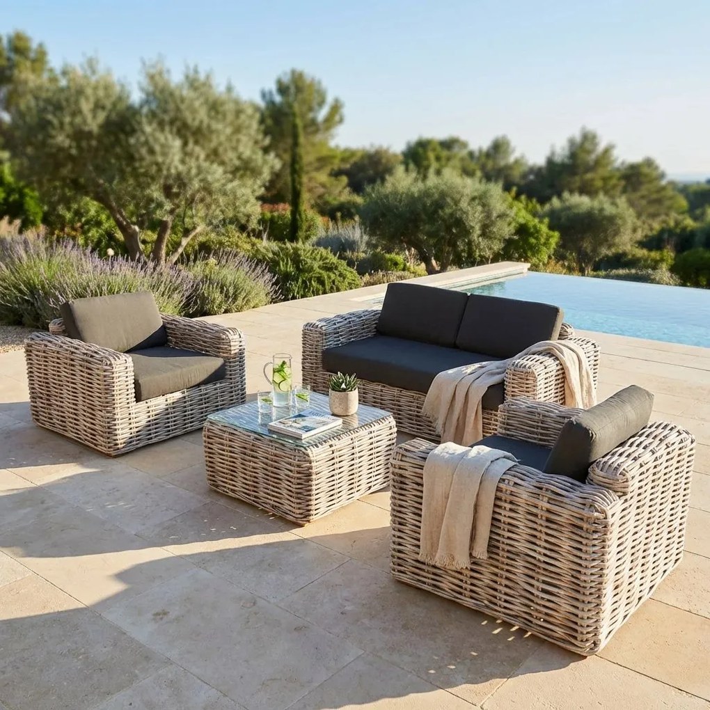 MINISTER - salotto da giardino completo di cuscini intreccio in rattan naturale