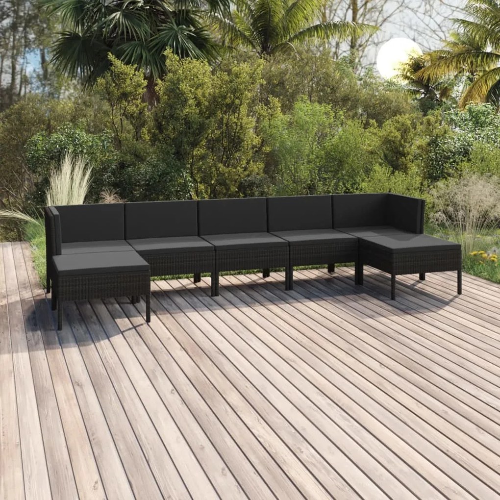 Set divani da giardino 7 pz con cuscini in polyrattan nero