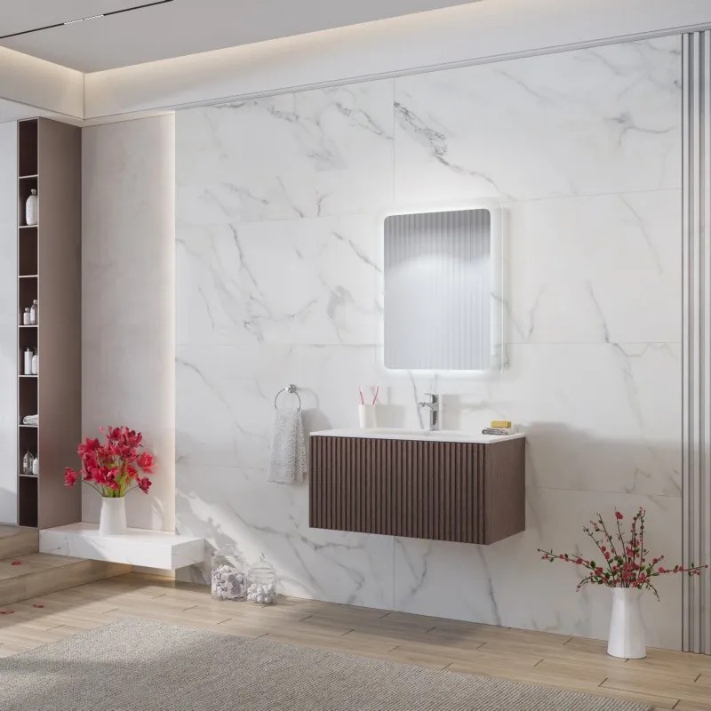 Mobile bagno sospeso 80cm effetto cannettato con lavabo incasso KDS-80L - KAMALU