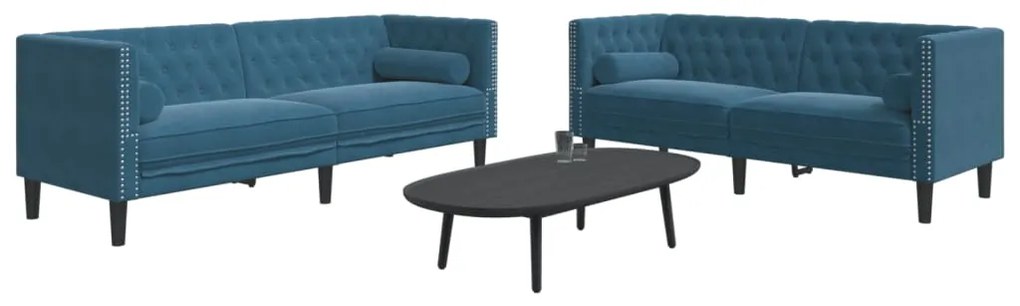 Set Divani Chesterfield 2pz Con Cuscini Blu Velluto /