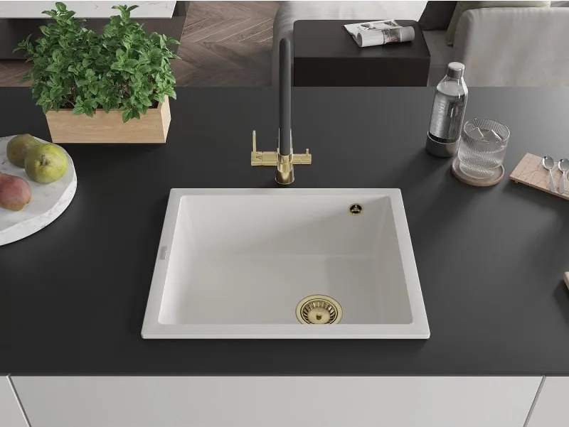 Mexen Pedro lavello in granito 1-vasca 560 x 460 mm, bianco, sifone dorato - 6508561000-20-G