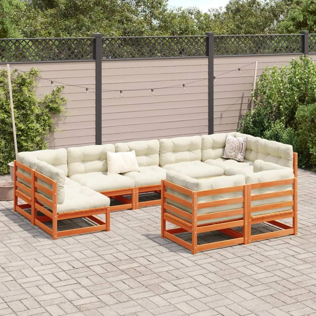 Set divani giardino 9 pz con cuscini marrone cera massello pino