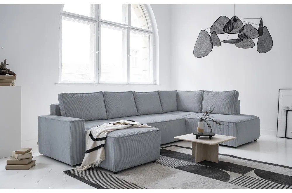 Divano letto angolare in velluto a coste grigio chiaro Brave Dave - Miuform