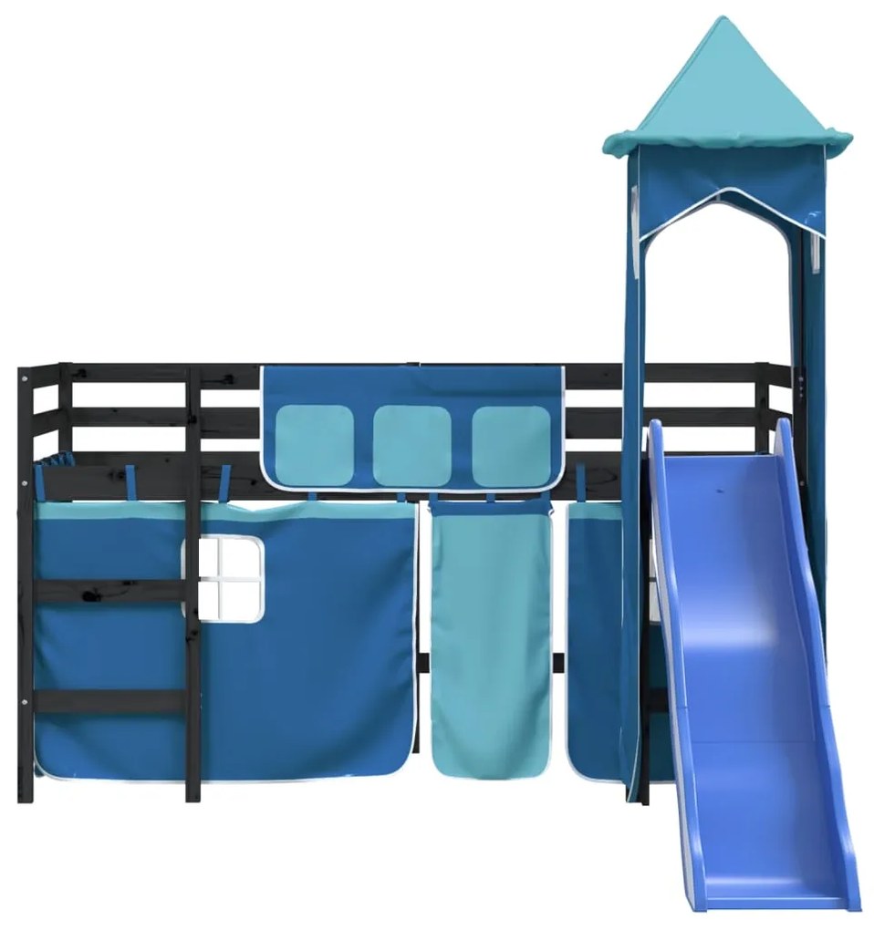 Letto a soppalco con torre bambini blu 80x200cm massello pino