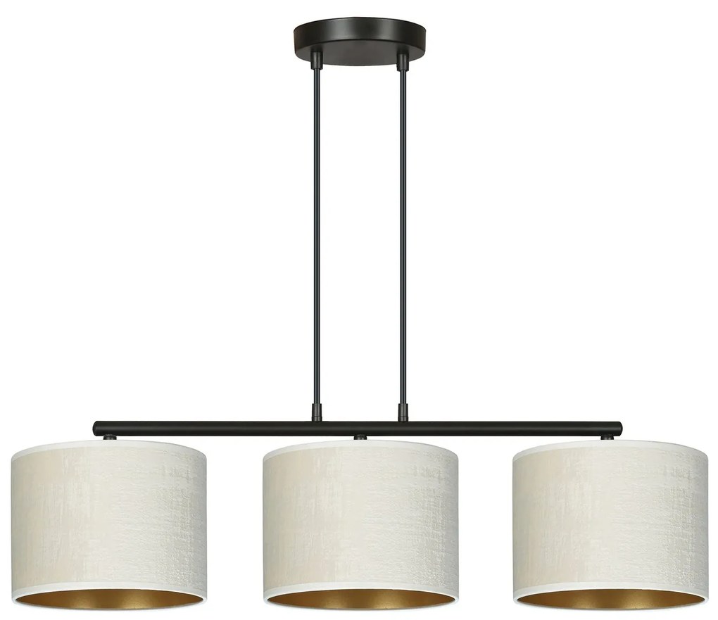 Lampadario 3 Luci Hilde In Acciaio Nero E Paralumi In Tessuto Beige