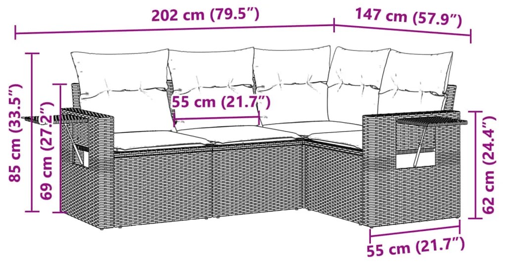 Set divano da giardino 4pz con cuscini grigio chiaro polyrattan