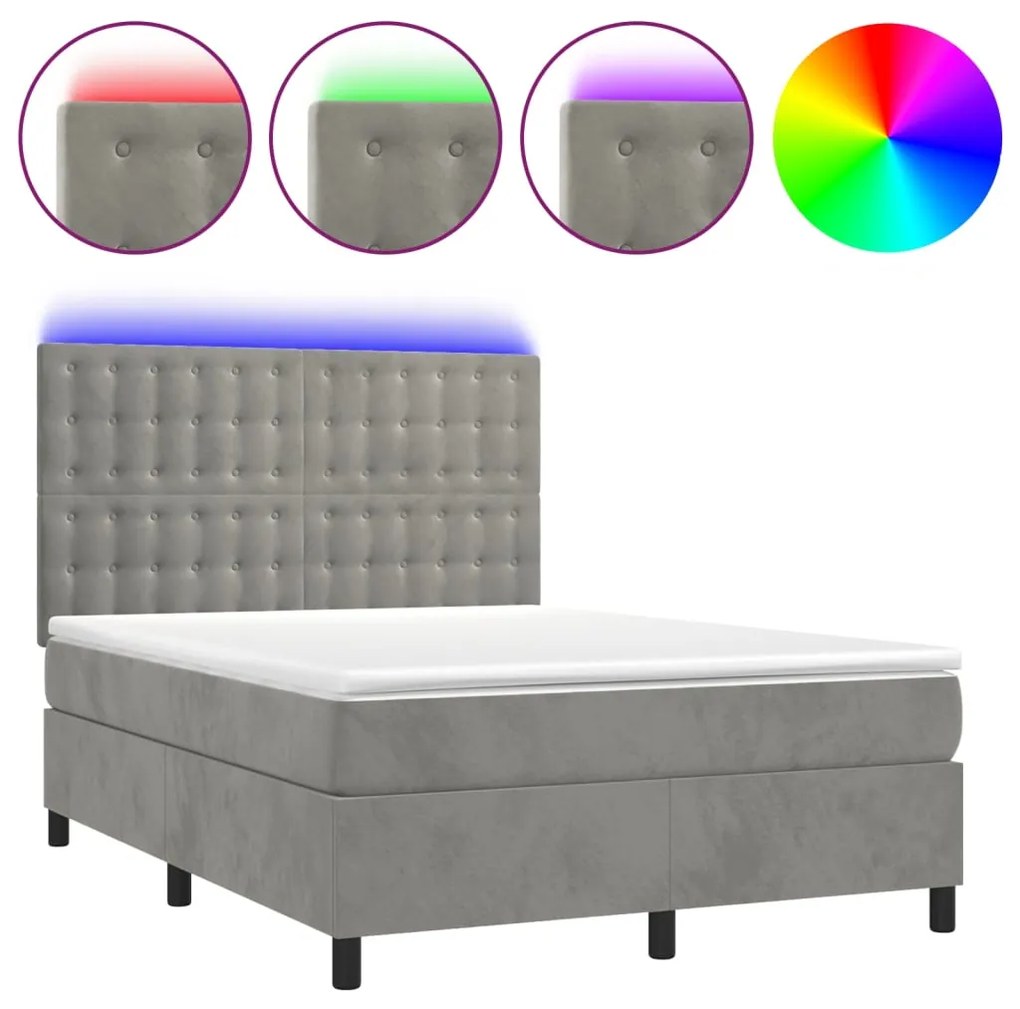 Letto a molle materasso e led grigio chiaro 140x200 cm velluto