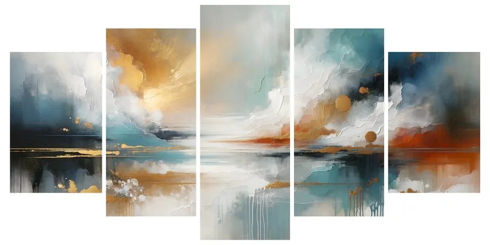 Quadri 5 pezzi – Paesaggio astratto con lago