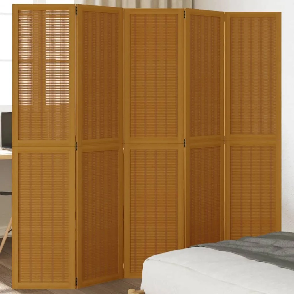 Divisorio Ambienti 5 Pannelli Marrone Legno Massello Paulownia /