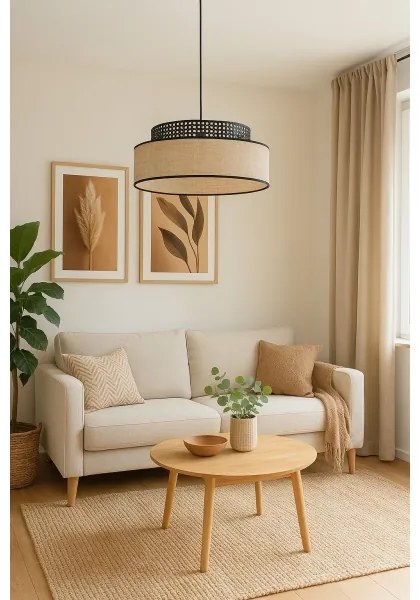 Lampadario a sospensione con filo BOHO 1xE27/60W/230V diametro 40 cm nero/rattan