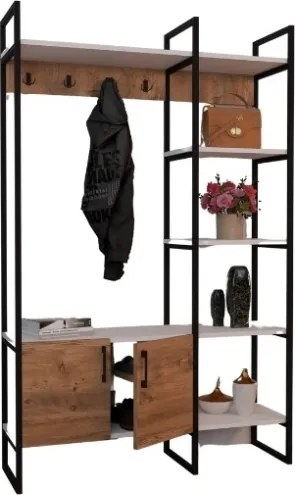 Mobile Ingresso Industrial 120x34x180 Con Scarpiera Appendiabiti E Ripiani Yago Rovere E Bianco