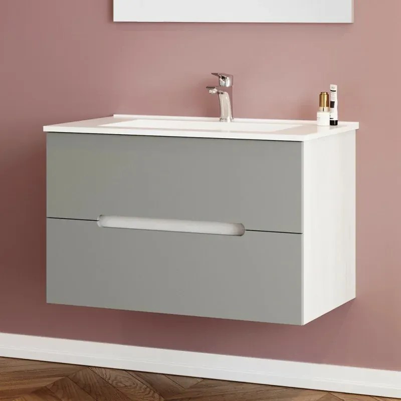 Mobile bagno sospeso 80 rovere bianco e tortora con lavabo e specchio Iris