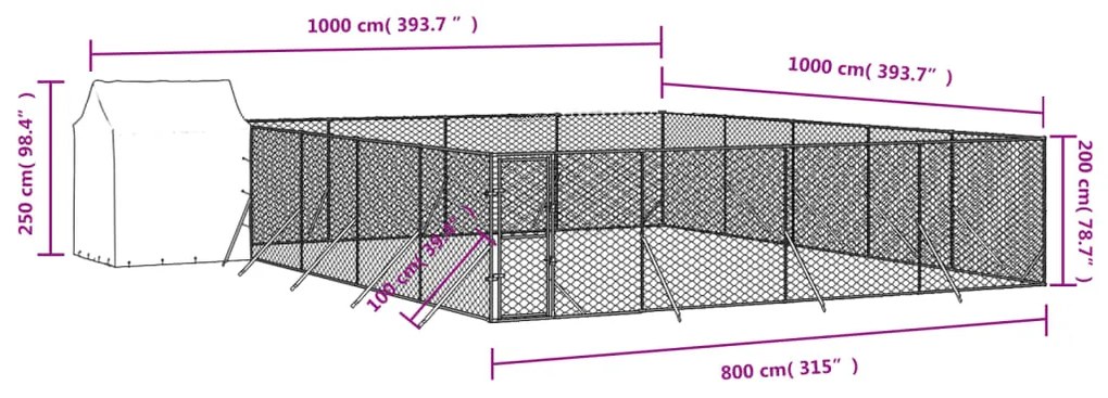 Cuccia cani da esterno tetto argento 10x10x2,5m acciaio zincato