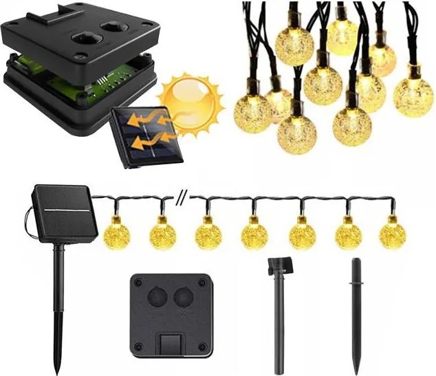 Catena luminosa solare a LED, 50 LED, 8 funzioni, 500 mAh, 9,5 m, IP67, bianco caldo