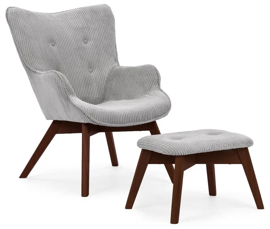 Poltrona con poggiapiedi grigia con rivestimento in velluto a coste Niko – Ropez