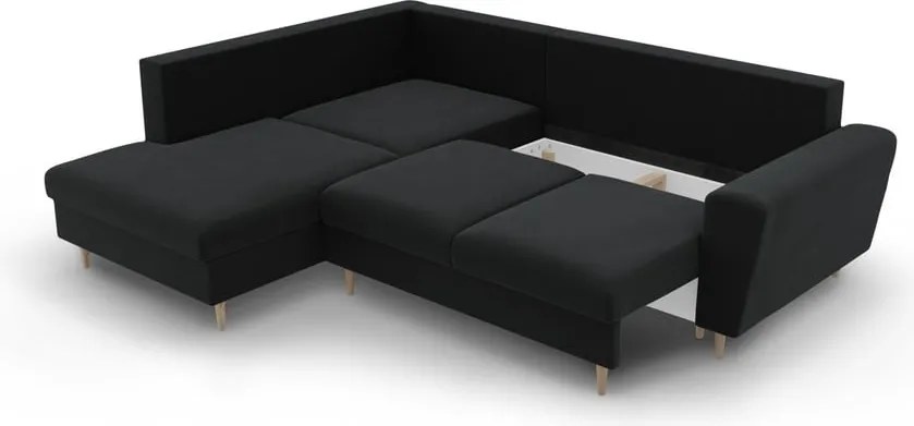 Divano angolare nero allungabile e con contenitore (con penisola a sinistra/a L) con rivestimento in velluto Kyoto – Cosmopolitan Design