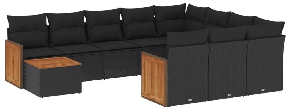 Set divani da giardino 11 pz con cuscini in polyrattan nero