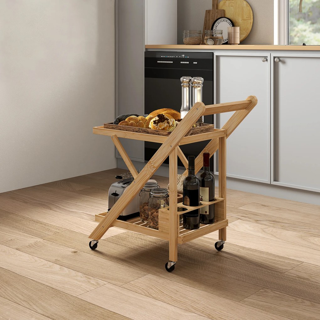 Carrello da Cucina Portavivande Pieghevole 66x40x70 cm a 2 Livelli con Portabottiglie in Legno di Bambù...