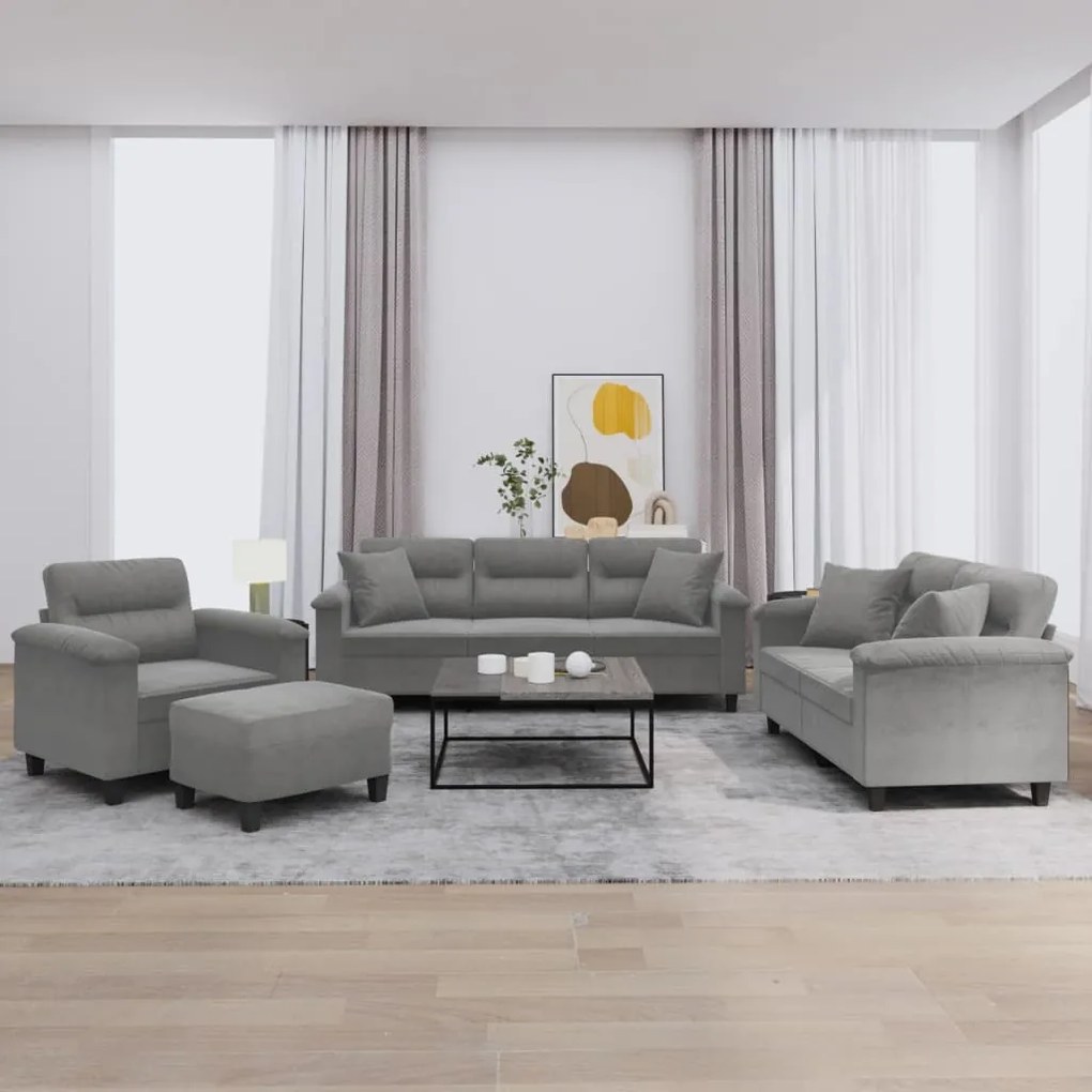 Set Divani 4 Pz Con Cuscini Grigio Scuro İn Tessuto Microfibra /