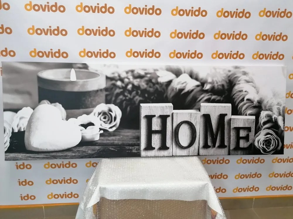 Quadro su tela – Natura morta con scritta Home in bianco e nero