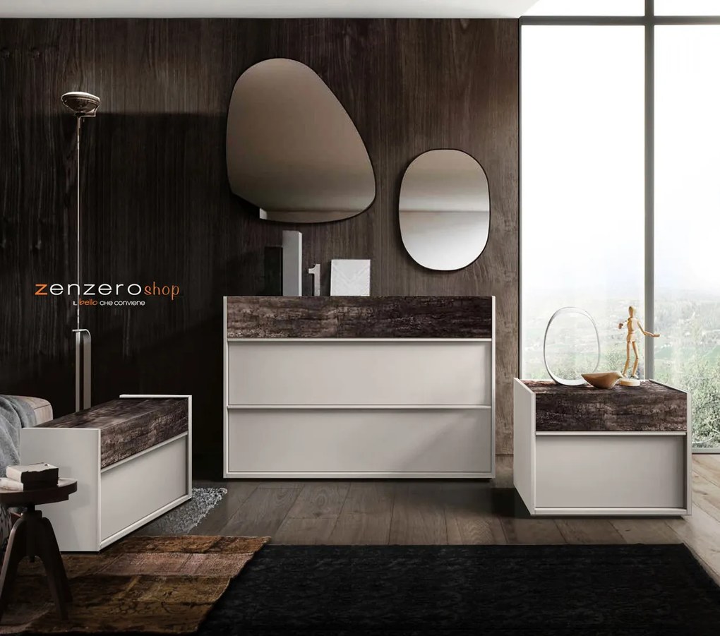 Set moderno Bali con comò e coppia di comodini in finitura Grigio seta e Legno bruciato