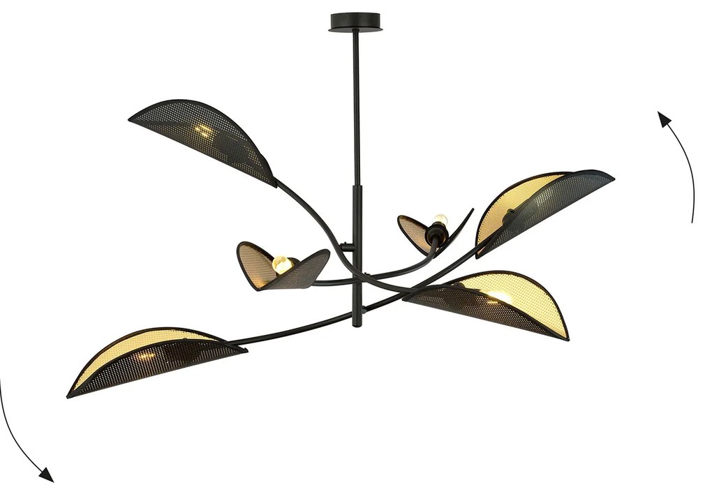 Sospensione Nordica 6 Luci Ares In Acciaio Nero Oro Bracci Regolabili