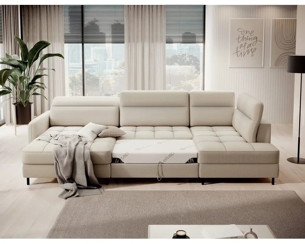 Divano angolare beige allungabile/con contenitore (con penisola a destra/a U) e rivestimento in velluto Berrto – ELTAP