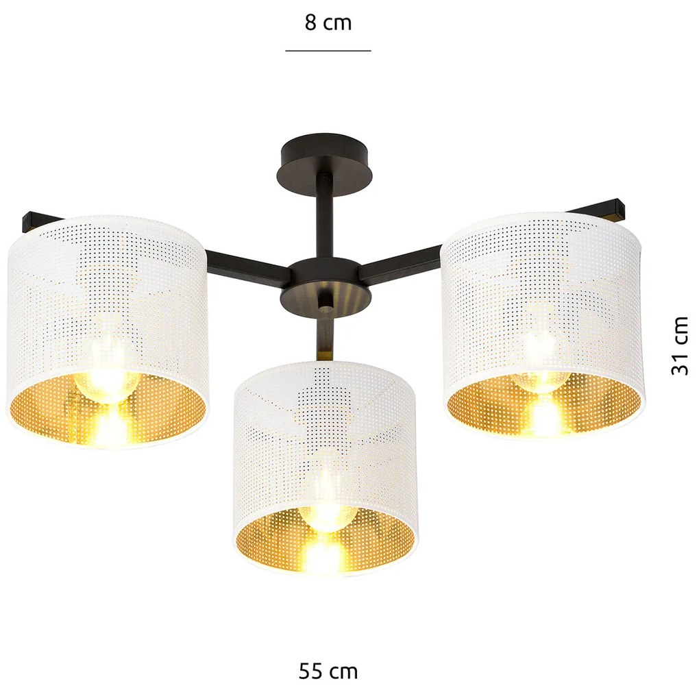 Plafoniera Industrial 3 Luci Cigno In Acciaio Bianco E Paralumi A Cilindro Oro