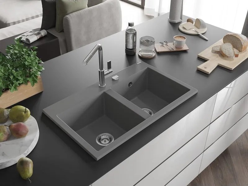 Mexen Hektor lavello in granito a 2 vasche 800 x 480 mm, grigio, sifone cromato - 6521802000-71