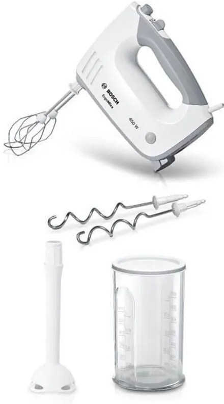 Bosch - Frullatore MFQ36440 - 450 w - 5 velocità - 2 fruste / 2 ganci impastatori in inox - Ciotola graduata con coperchio - Bianco / g