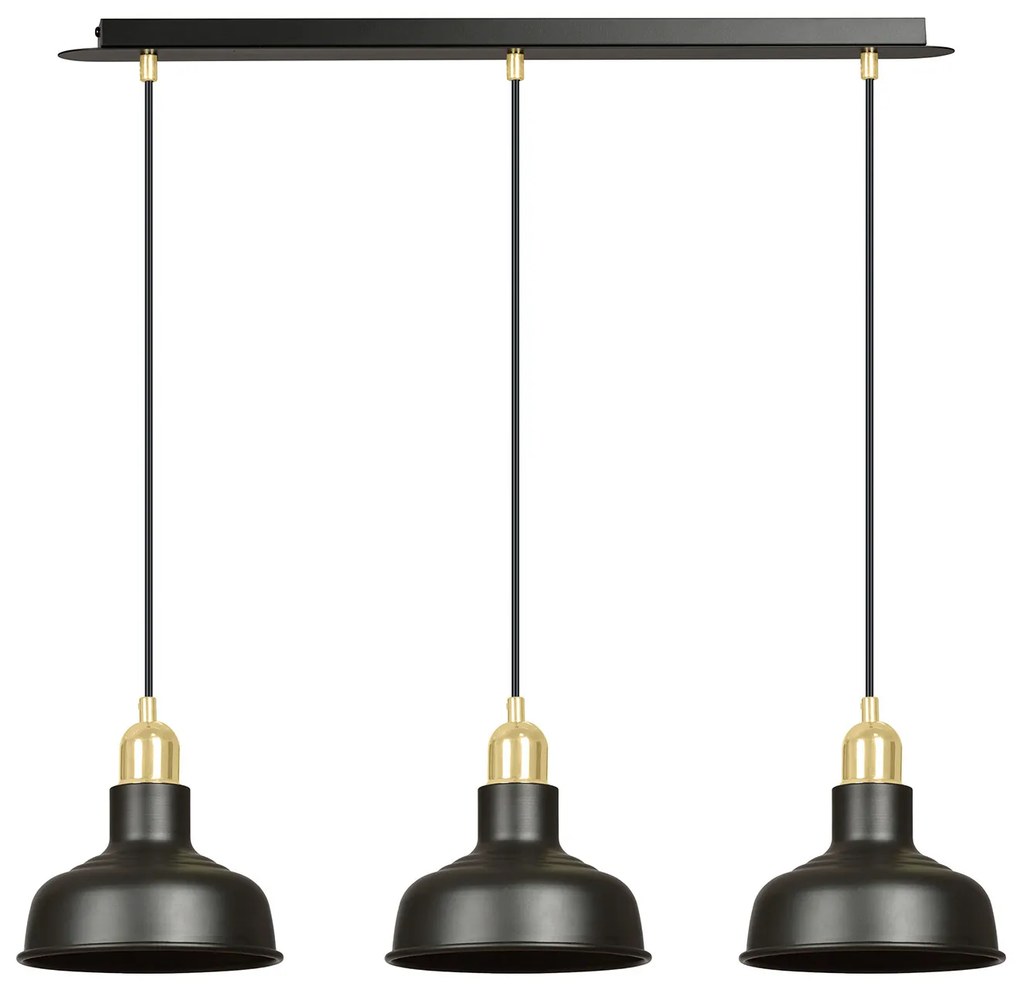 Lampadario Industrial 3 Luci Kubera In Acciaio Nero Con Elementi In Oro