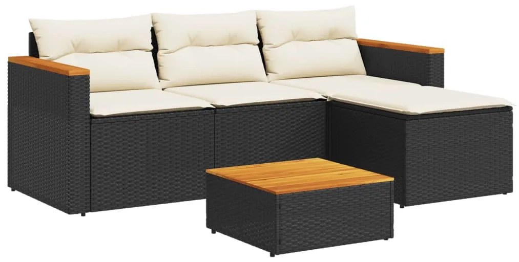 Set divani da giardino 5 pz con cuscini nero polyrattan acacia