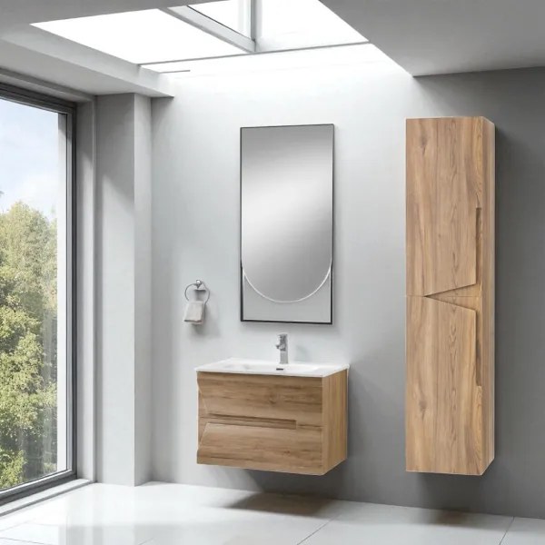 Mobile bagno sospeso 70 cm Rovere Nodi con lavabo e specchio LED - HAITI