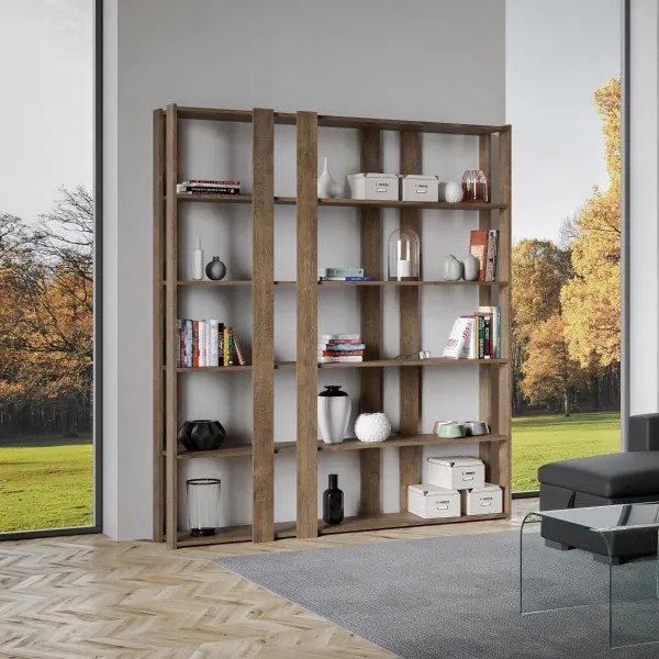 Libreria da parete a 6 ripiani e 8 fasce lunghe KATO E Noce