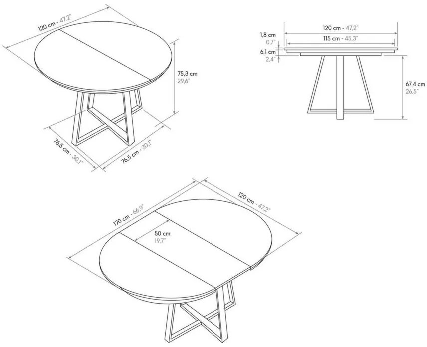 Tavolo rotondo PANTELLERIA in legno effetto bianco frassinato con base a X in metallo antracite, allungabile ⌀120 cm &#8211; ⌀170 cm