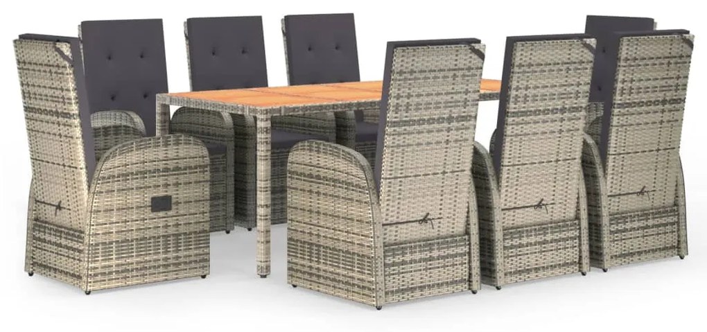 Set da pranzo da giardino 9 pz con cuscini in polyrattan grigio