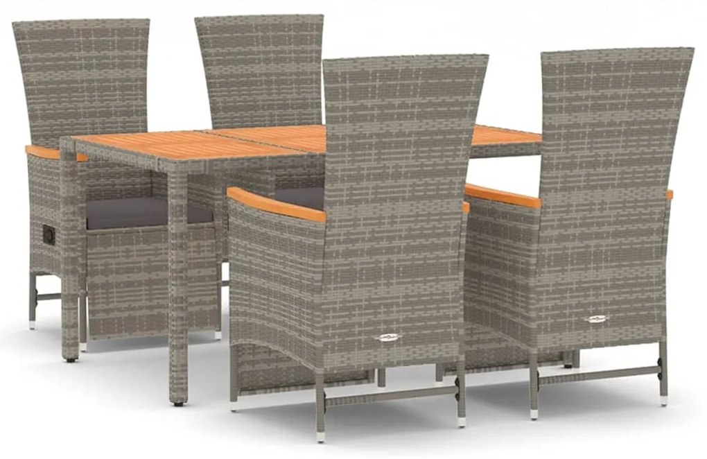 Set da pranzo da giardino 5 pz con cuscini in polyrattan grigio