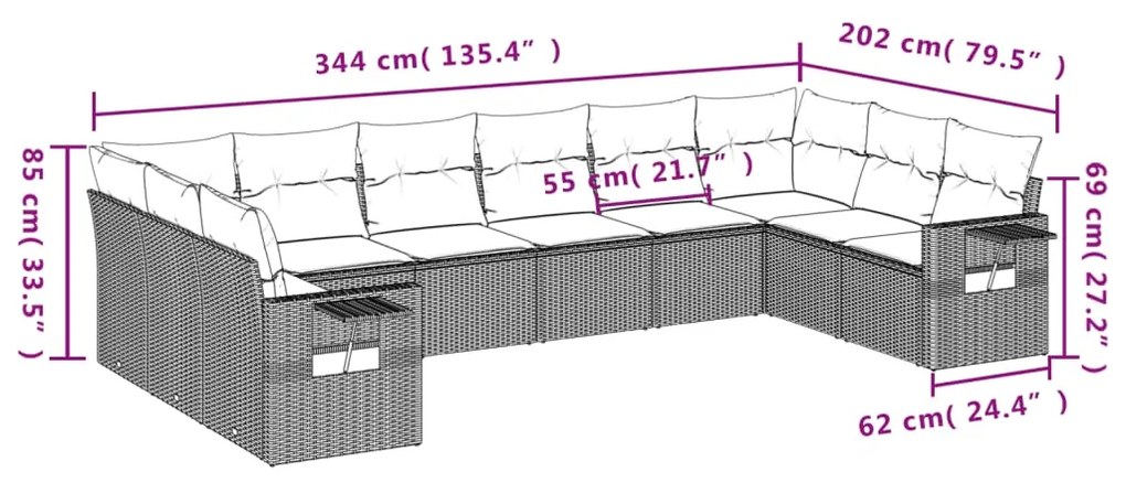 Set Divani da Giardino 10pz con Cuscini in Polyrattan Marrone