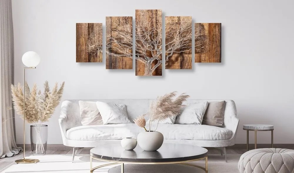 Quadri 5 pezzi – Albero con imitazione di sfondo in legno