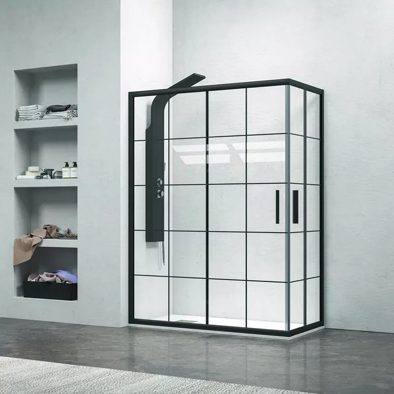 Box doccia 90x70 telaio nero opaco e vetro a quadrati neri NICO-B1000 - KAMALU