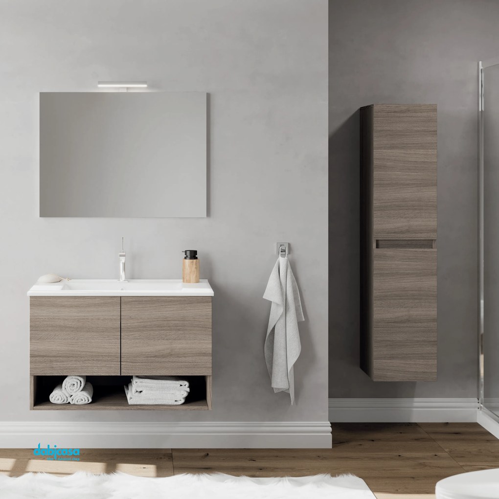 Mobile Bagno Sospeso "Oslo" Da 80 Cm Composto Da Due Ante Ed Un Vano a Giorno Lavabo E Specchio Con Lampada Led Finitura Rovere Fumo