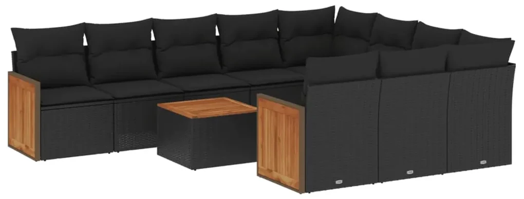 Set divani da giardino 11 pz con cuscini in polyrattan nero