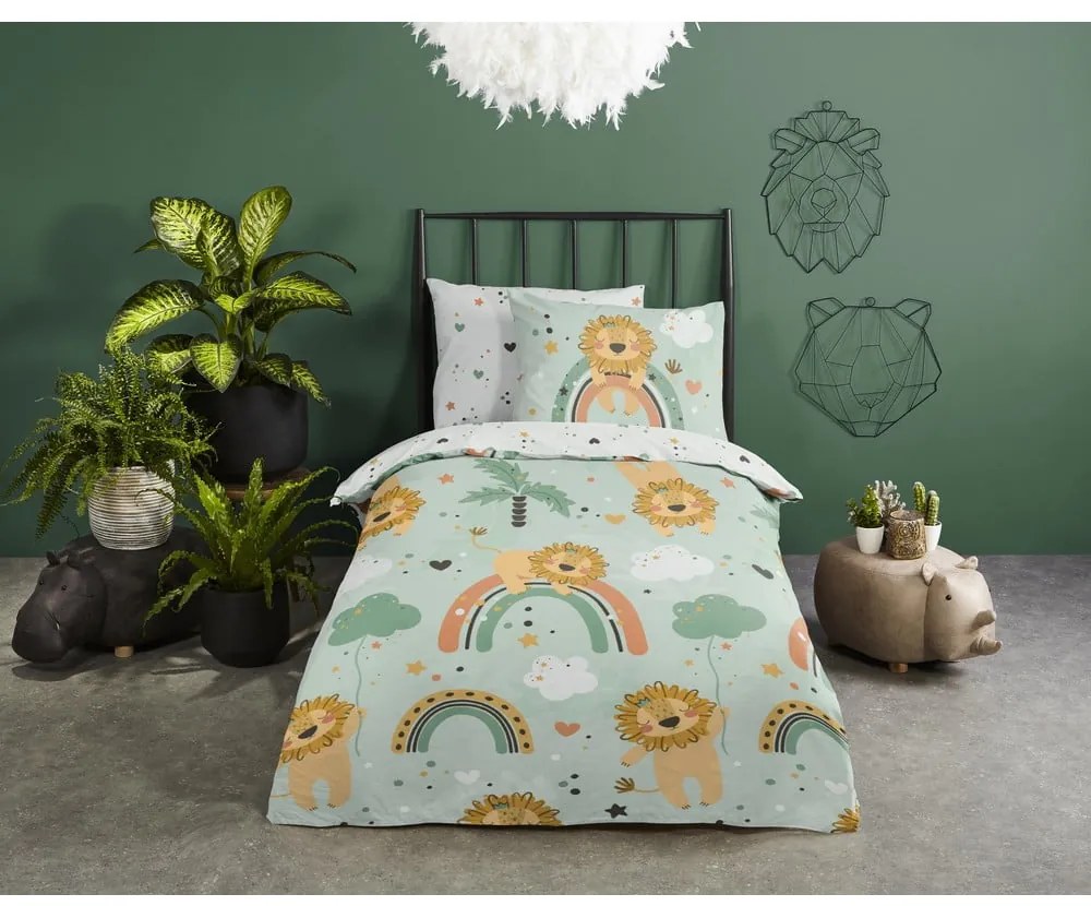 Set copripiumino e federa da bambini verde in cotone per letto singolo ed esteso 140x220 cm Lions – Good Morning