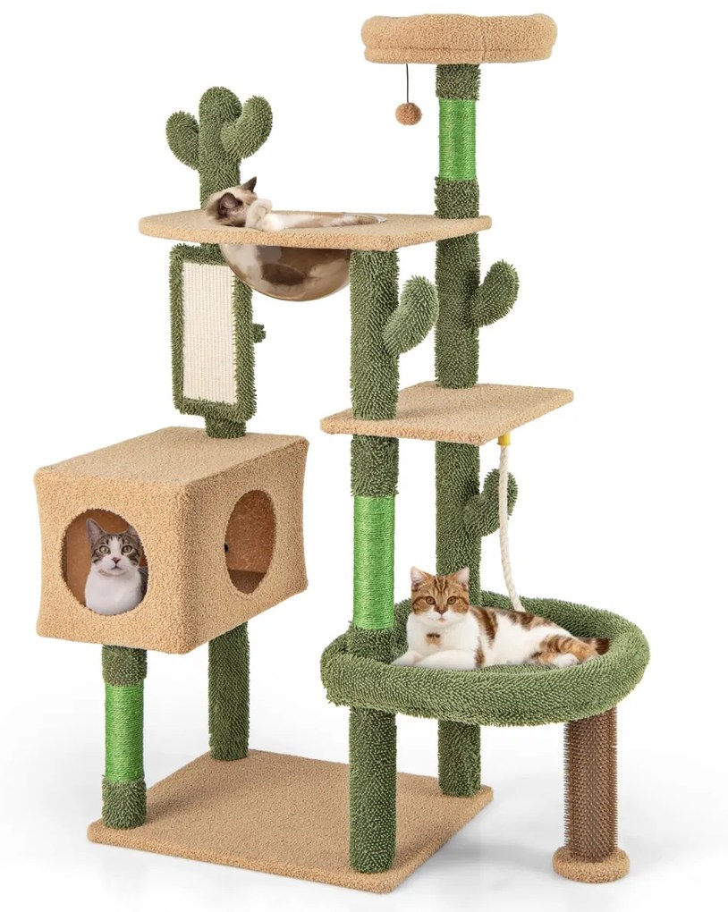 Costway Albero per gatti 150cm a forma di cactus per interni, Torre di gatti multilivello con pali per graffio in sisal Verde